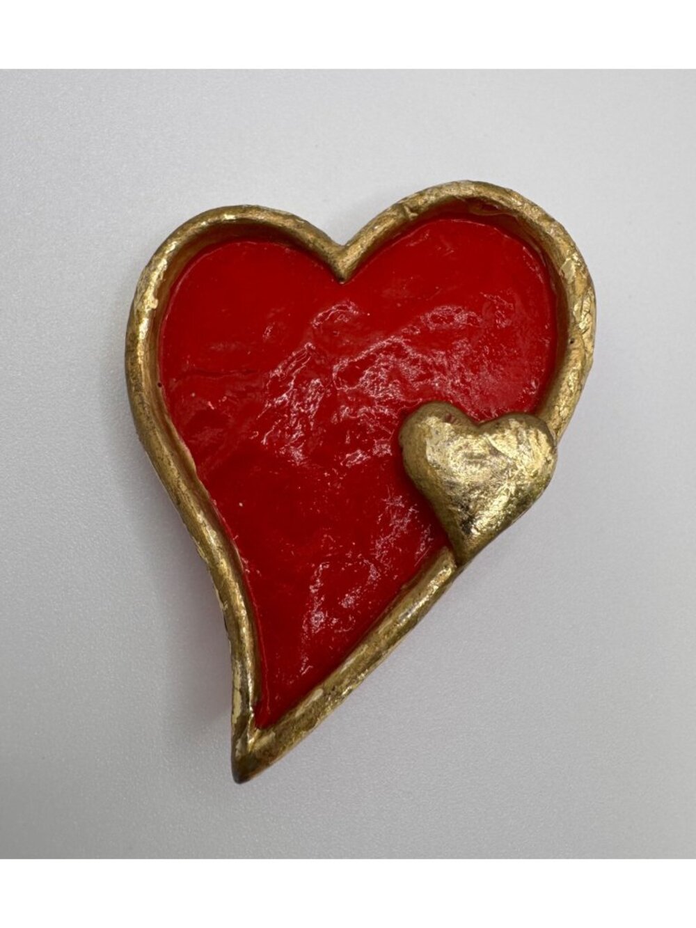 Hand Painted Red Heart Brooch Gold Tone Accent Artisan Wood Pin 2.25”